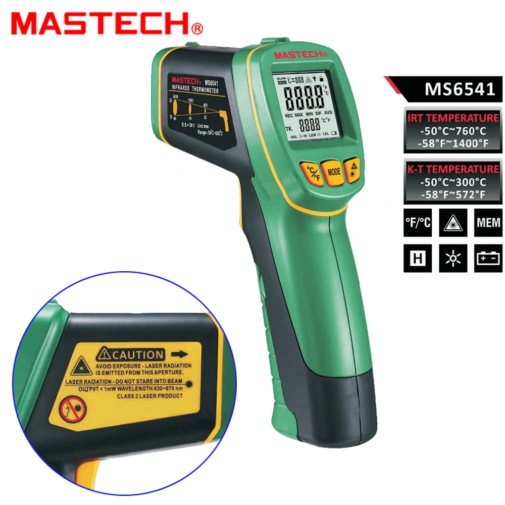 

MASTECH MS6541 Handheld Non-contact Infrared Thermometer Point Temperature Gun -50C~760C with K-type Temperature
