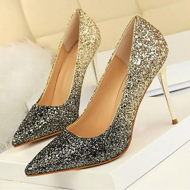 Boussac/элегантные женские туфли-лодочки в стиле пэчворк золотистого и серебристого цветов; пикантные блестящие свадебные туфли-лодочки на высоком каблуке; женские туфли на высоком каблуке с острым носком; SWB0056