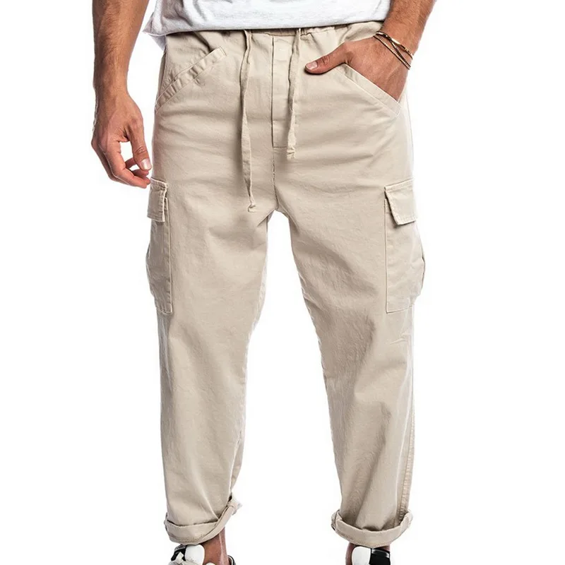 

Adisputent Mens Solid Multi Pockets Solid Color Elastic Waist Cargo Pants Working Pants casual slant pocket solid color overalls