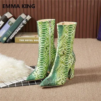 

Fashion Green Python Snake Prints Ankle Boots Women Runway Chunky Heels Short Boots Design Stilettos High Heels Shoes Women 2018
