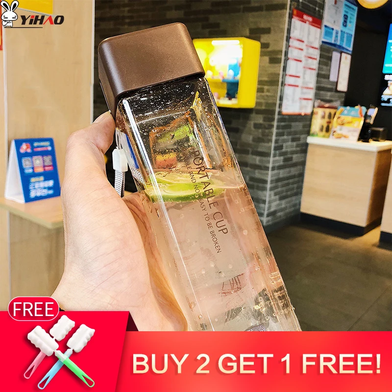 

YIHAO 470ML Square Simple High Quality Drop-resistant Plastic Transparent Leak Proof With Rope Water Bottle