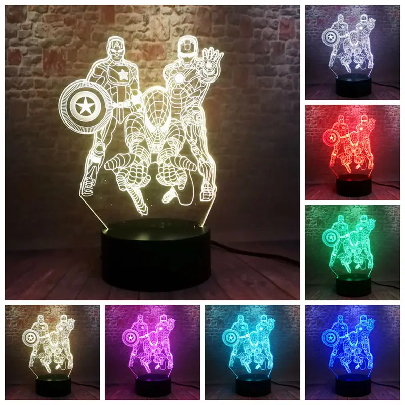 

Light-up Avengers Iron Man Model 3D Illusion LED Sleeping NightLight Colorful Light Spiderman Marvel Thonas Figure Toys