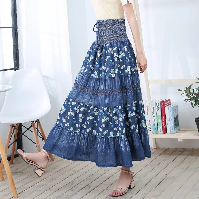 

198 female skirt women big swing long skirts girl 2019 summer new Asia printed holiday skirt national wind cotton linen