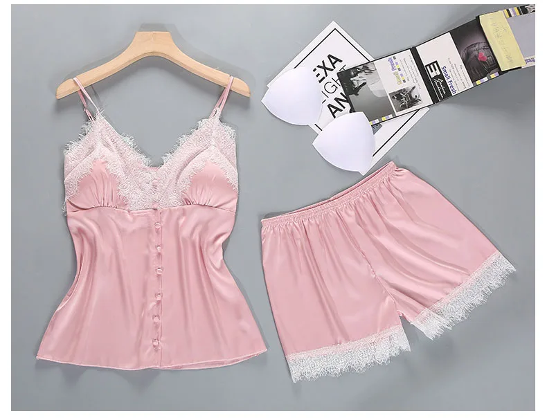 Queenral Pajama Sets Sexy Lingerie Pyjama Femme Summer Women's Sleep Lounge Silk Satin Sleepwear With Chest Pad Nightwear 9 (2)