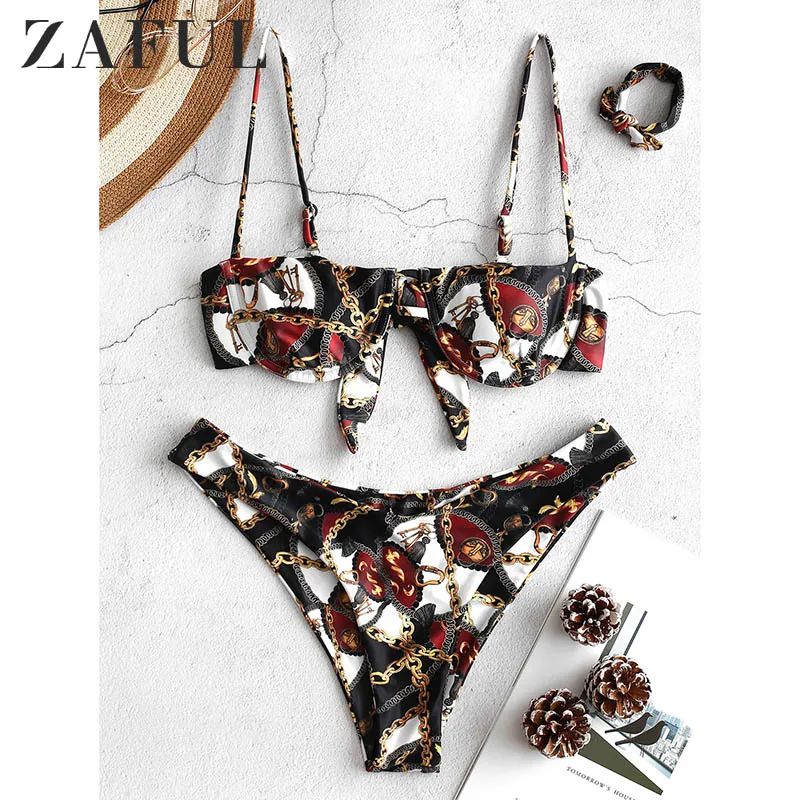 

ZAFUL Women Swimming Suit Sexy Bikini Swimsuit Chains Print Underwire Balconette Bikini Push-Up Padded Bra Beach Bikini Set