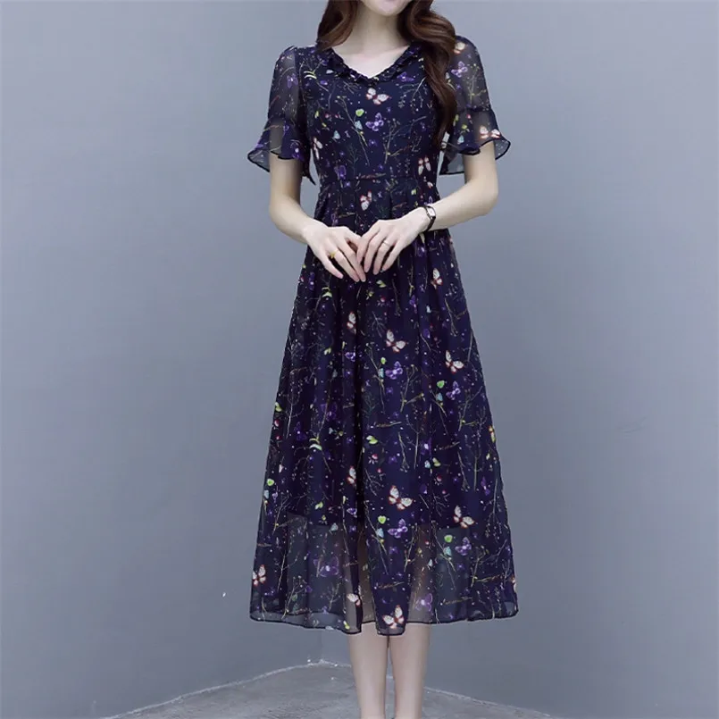 Новейшее женское летнее платье, сексуальное платье с v-образным вырезом и коротким рукавом с цветочным принтом, женские повседневные пляжные платья для отдыха#.7.1 - Цвет: Тёмно-синий