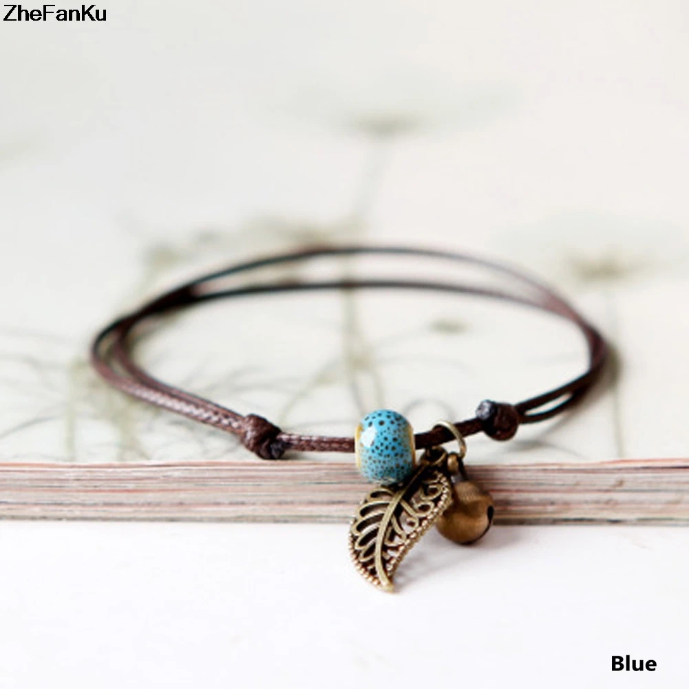 

Hollow Leaves Ceramic Beaded Bracelet Anklet Couples Boudoir Bohemian Vintage Pendant Rope Chain Bracelet Ornament Unisex