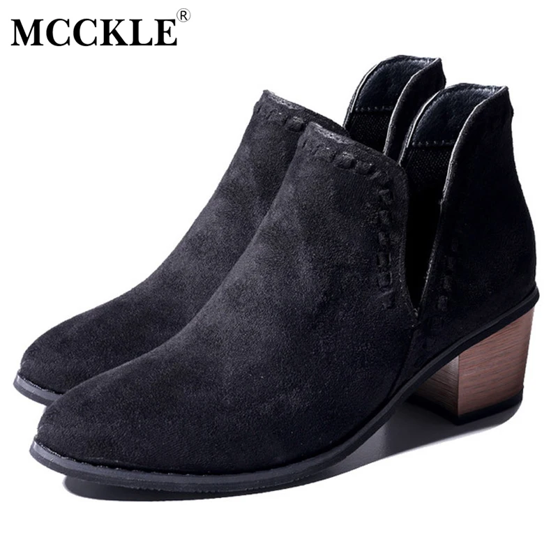 

MCCKLE Women Slip On Ankle Boots Spring Low Heels Sewing V Pattern Cutting Design Woman Buckle Women's Low Heels Retro Shoes