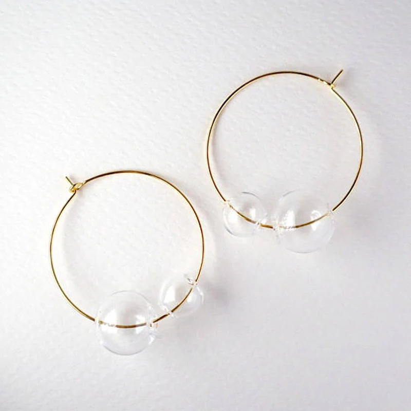 

New Artsy Simple Style Gold Tone Large Glass Bubble Hoop Earrings For Women 2018 Charming Clear Double Balls Earrings Girls