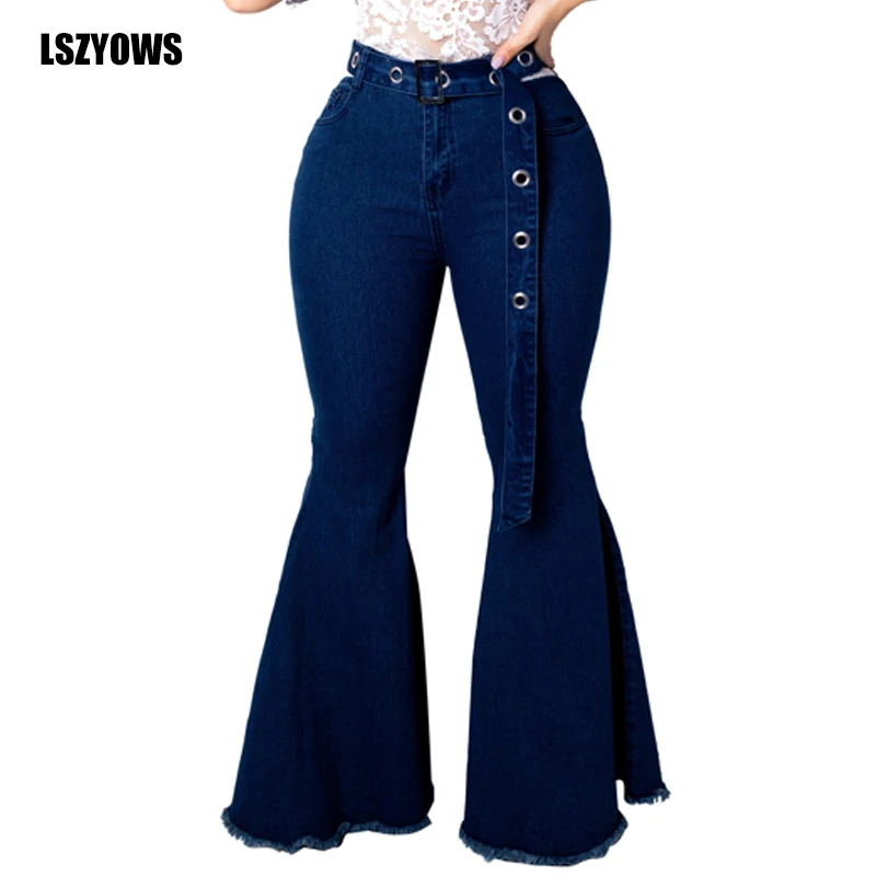 

Women 2019 Summer Jeans Flare Pants High Waist Belt Wide Leg Denim Pants Plus Size Female Casual Slim Skinny Trousers Streetwear
