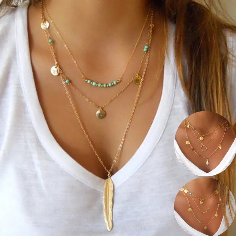 2016 new hot silver fashion chain beads metal discs  jewelry  pendants multi layer necklace gold necklaces for women