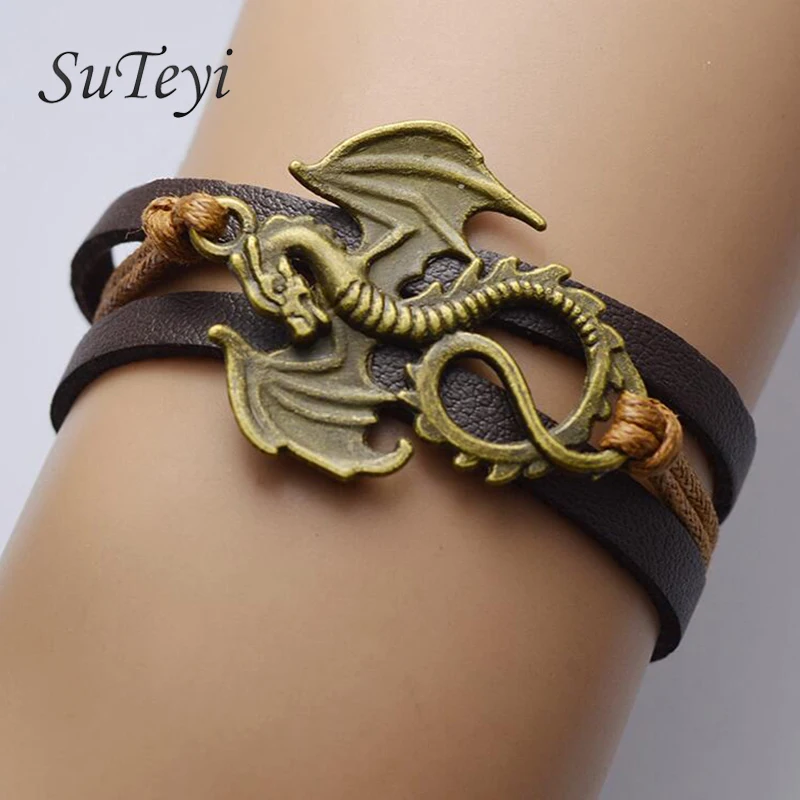 

SUTEYI New 2016 men bracelet jewelry Vintage Game Of Thrones Song Of Ice And Fire Handmade Leather Dragon bracelets