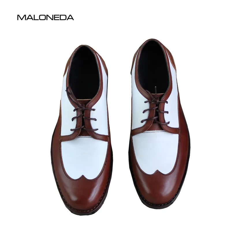 

MALONEDA Customized Goodyear Craft Genuine Calf Leather Men's Casual Hand Made Shoes Hand Painted Colors Brown and White