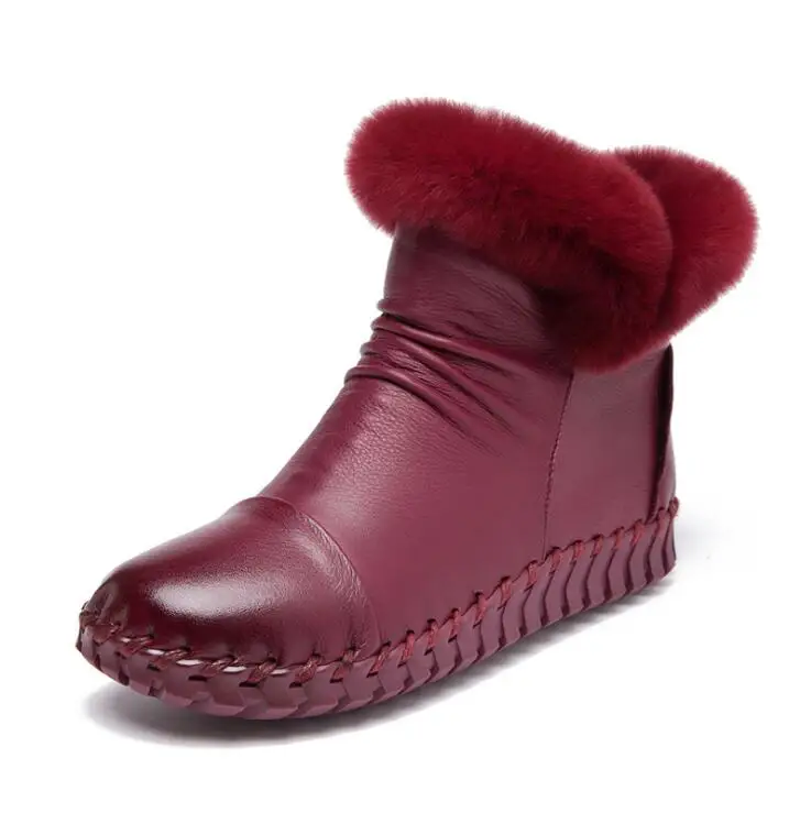 Женская обувь; однотонные женские зимние ботинки ручной работы из натуральной кожи; Зимние ботильоны на кроличьем меху с круглым носком на плоской подошве; k237 - Цвет: 3