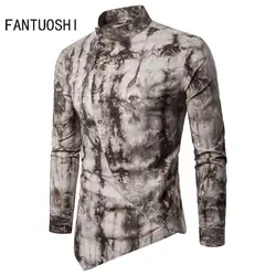 2018 Новая мода Стенд воротник Для мужчин рубашка печати рубашка с длинными рукавами отдельных диагональные кнопки нерегулярны Для мужчин