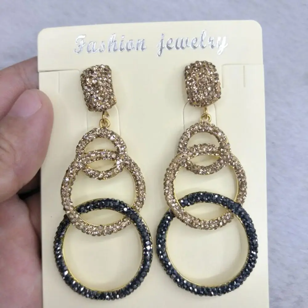 

Handmade Black Gold Rhinestone Big Long Earrings for Women 3 Layer Round Circle Dangle Earrings 2017 Vintage Earring Jewelry