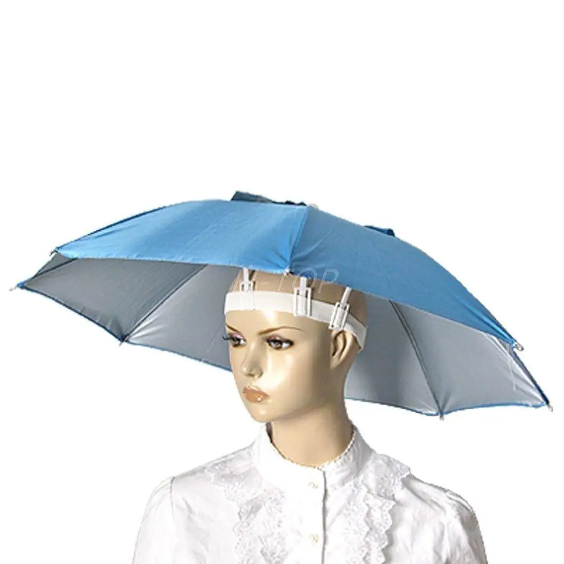Sky Blue Folding Adjustable Headband Umbrella Hat E6948in Umbrellas
