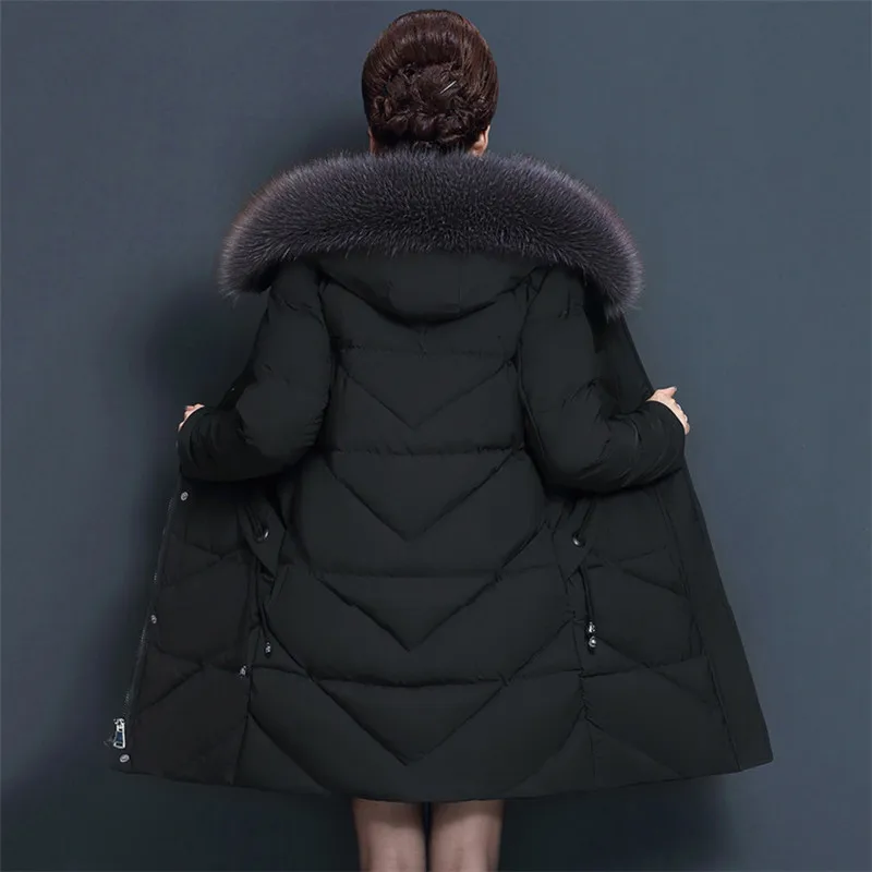 Зимнее женское пальто черного и серого цвета, XL-7XL размера плюс, свободное, среднего возраста, для мамы, съемный меховой воротник, парка с капюшоном, Толстая теплая одежда LD1098 - Цвет: Black
