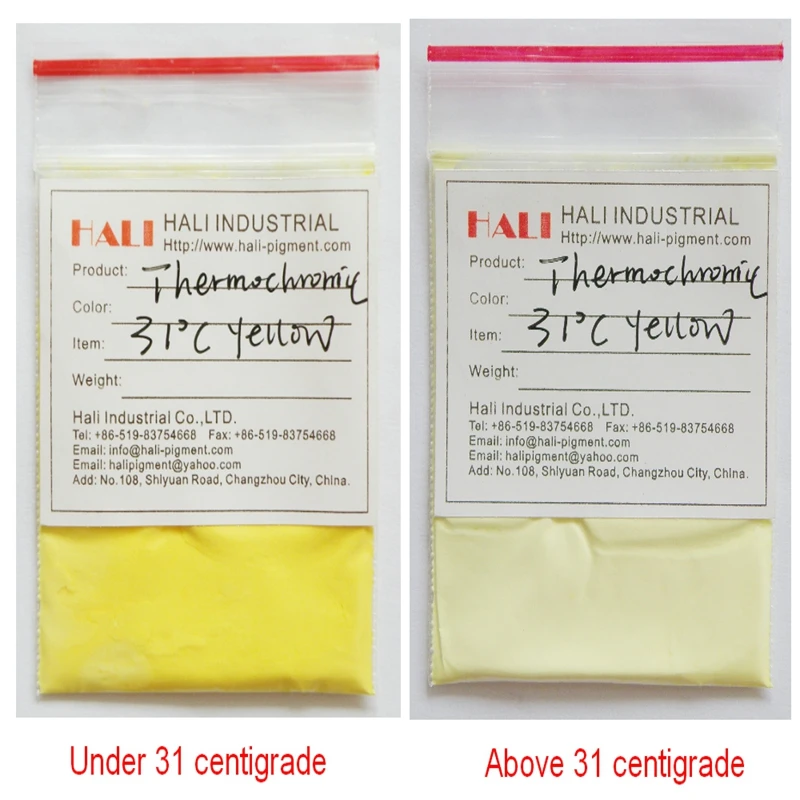 

thermochromic powder,hot active pigment,heat sensitive pigment,color:yellow,activate temperature:14C,31C,45C,1lot=10g
