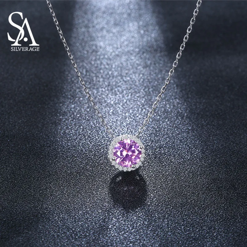 

SA SILVERAGE 925 Sterling Silver Round Red Rudy Pendant Necklaces for Women Suspension Collar Pingentes With Rhinestone Gift