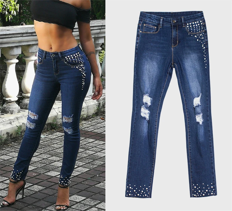 European station Europe and the United States new hole pearl cat toe cowboy high waist pants feet beaded straight jeans (9)