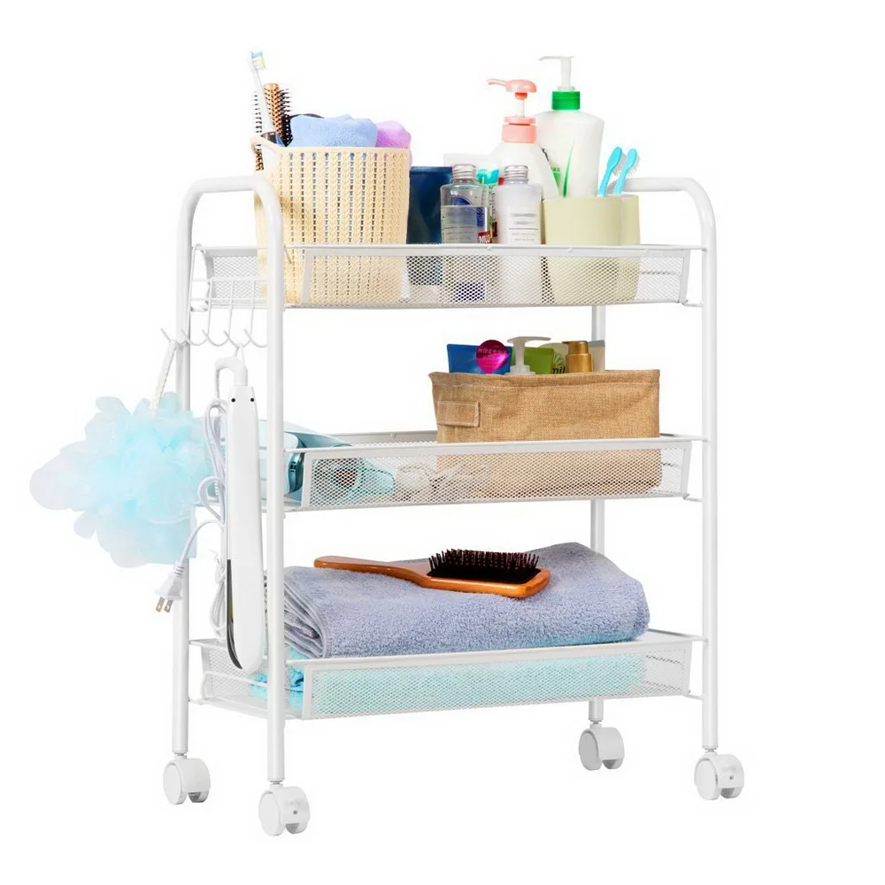 

3-Tier Metal Mesh Rolling Utility Cart Kitchen Bathroom Living Room Trolley Cart Mobile Storage Organizer Ivory White