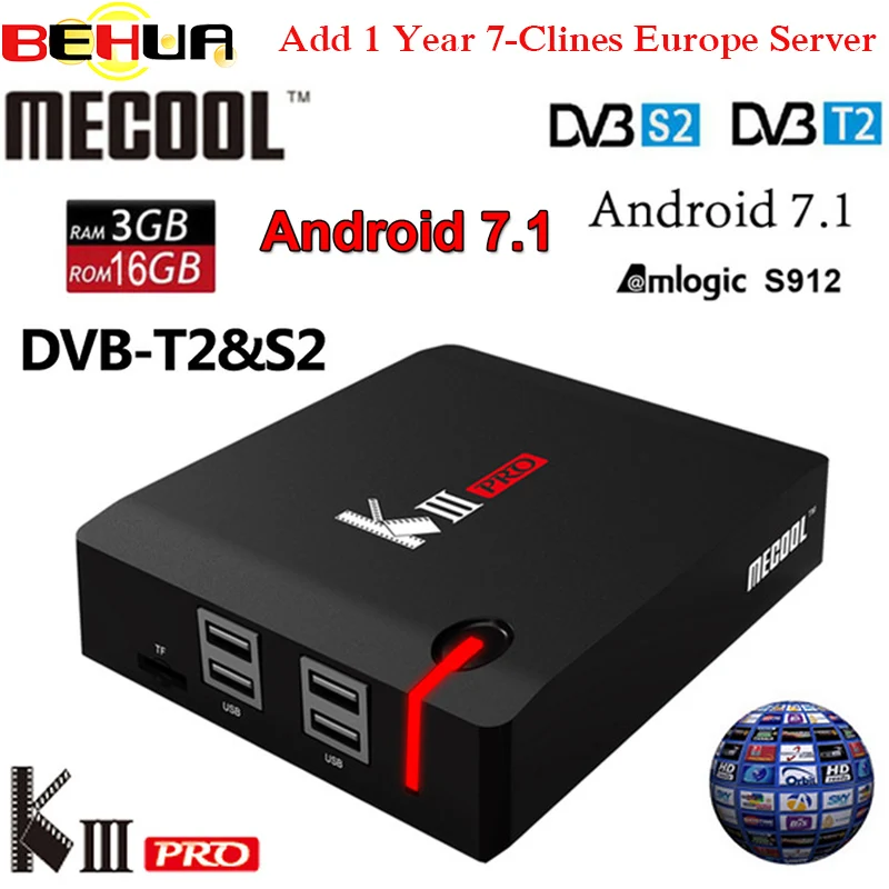 

MECOOL KIII PRO Android 7.1 TV Box with 1 Year 7 Clines 4K Combo DVB-S2 android DVB-T2 DVB-C 3GB 16GB Amlogic S912 Octa Core k3