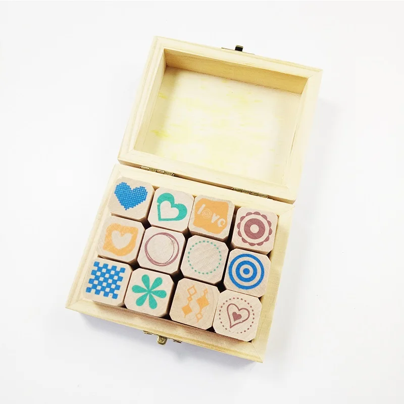 12 Pcs/set Cute Wooden Box Diary DIYStamp Set Wood Stamps For Kids Decor Diary Scrapbooking Rubber Stamp