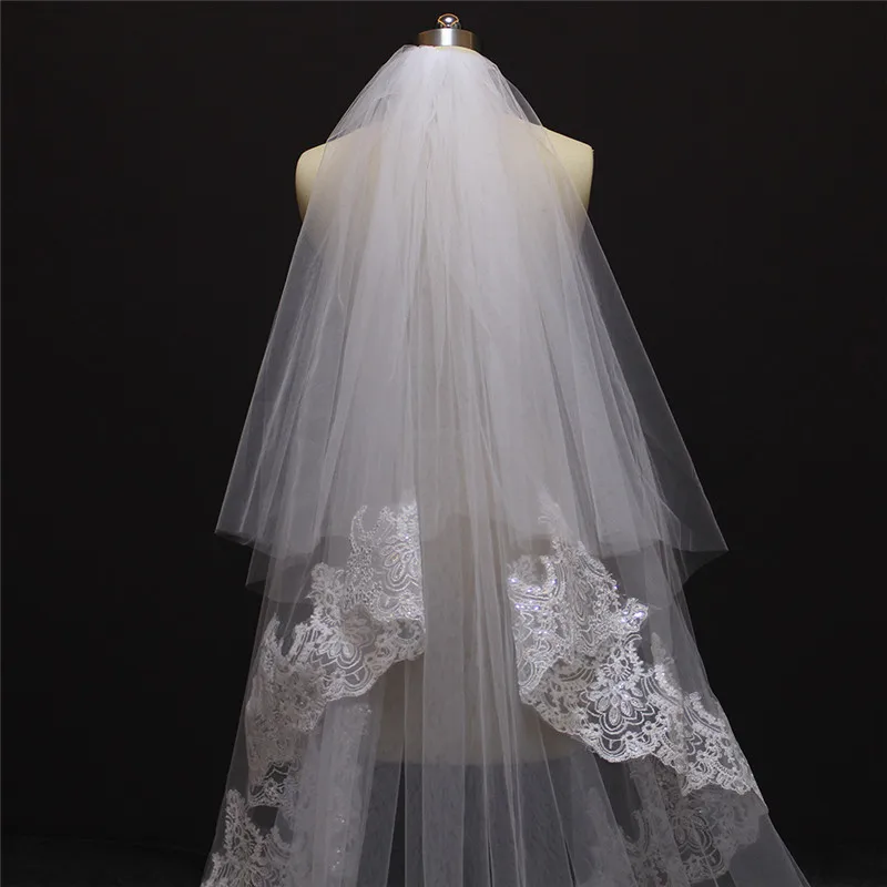 2019 Роскошные Bling Sequind кружево два слоя 3 м Свадебные вуали с гребешком Новый Белый Кот 2 т свадебное платье