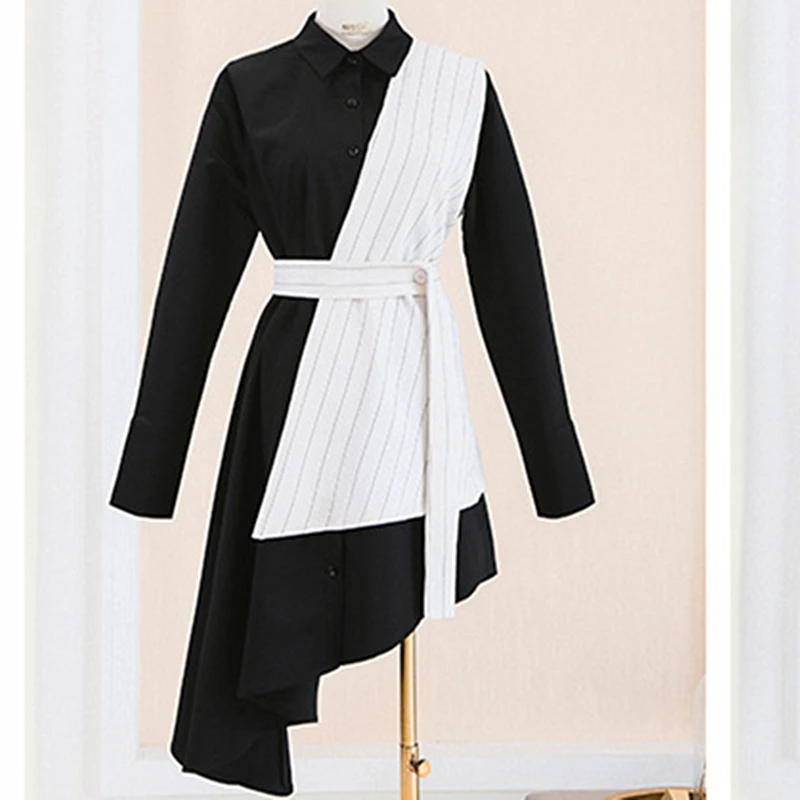 2018 Autumn New Tie-up Belt Waist Long section Irregular Black & White Shirt Dress Two-piece Women's Clothing Explosion Dresses