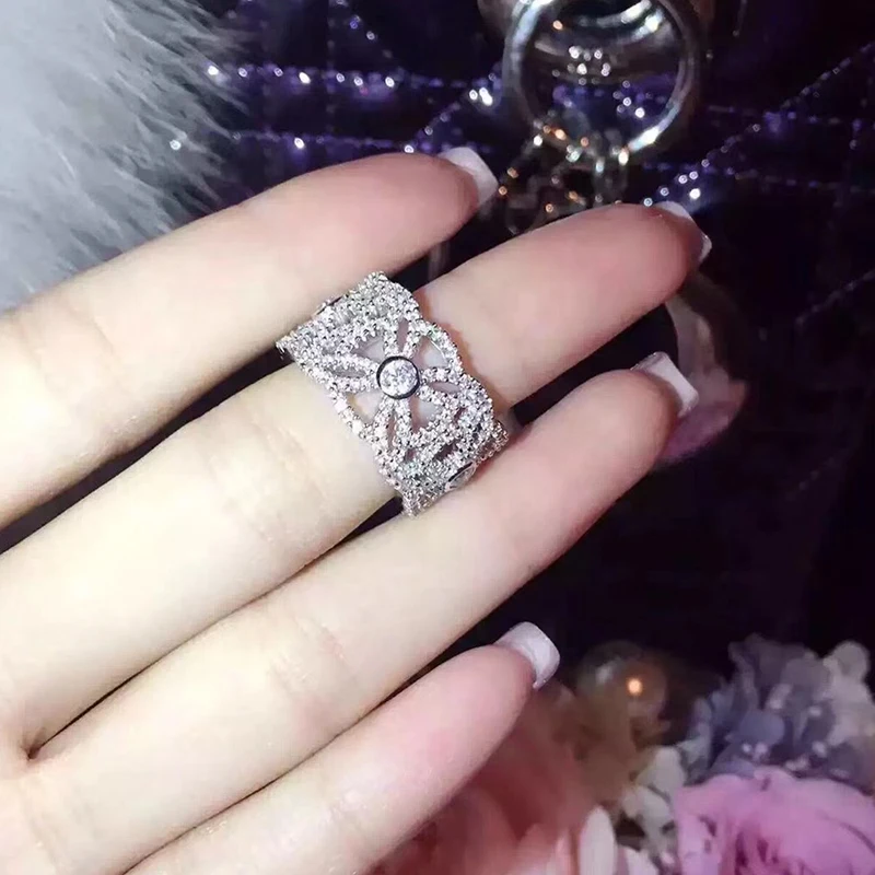 

Hot Brand Pure 925 Sterling Silver Jewelry For Women Wedding Rings Hollow Out Flower Jewelry Big Wide Rings Top Quality 678 #