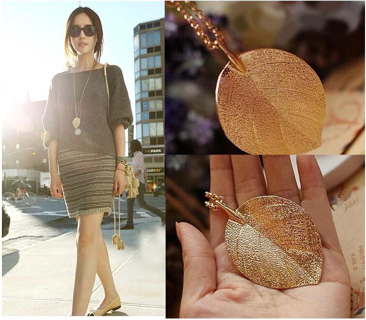 

Women Lady Fashion Elegant Lucky Golden Big Leaf Pendant Necklace 70CM Long Sweater Chain Jewelry