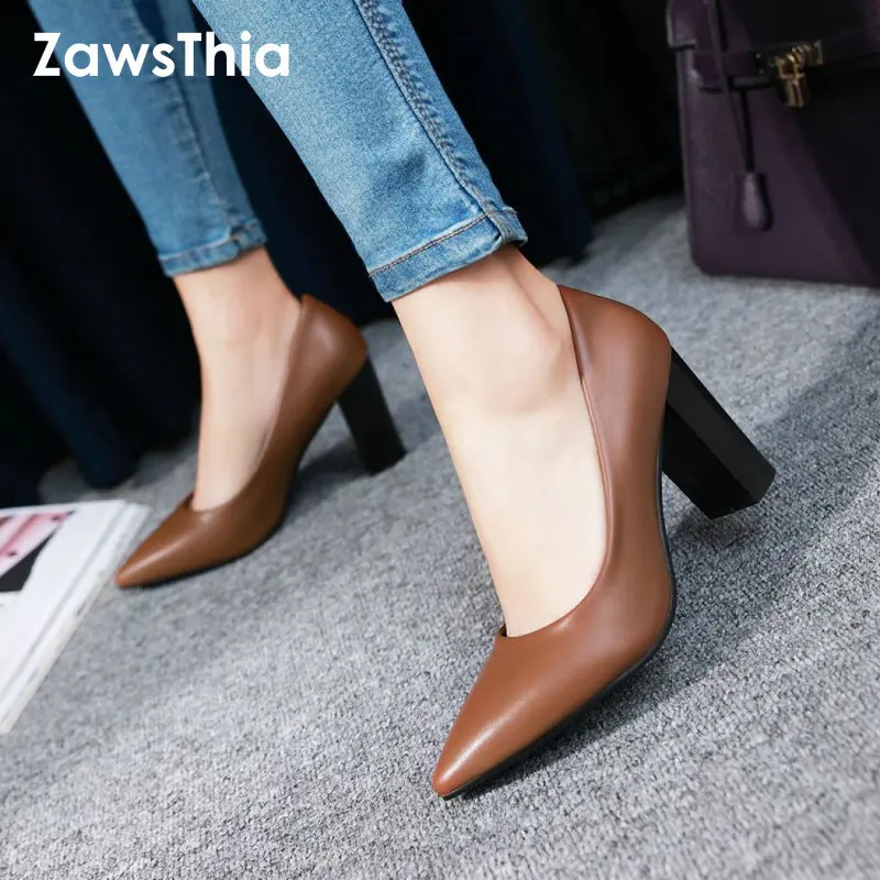 ZawsThia 2019 spring shoes woman high heel off white brown black block high heeled shoes women's pumps stilettos large size 42