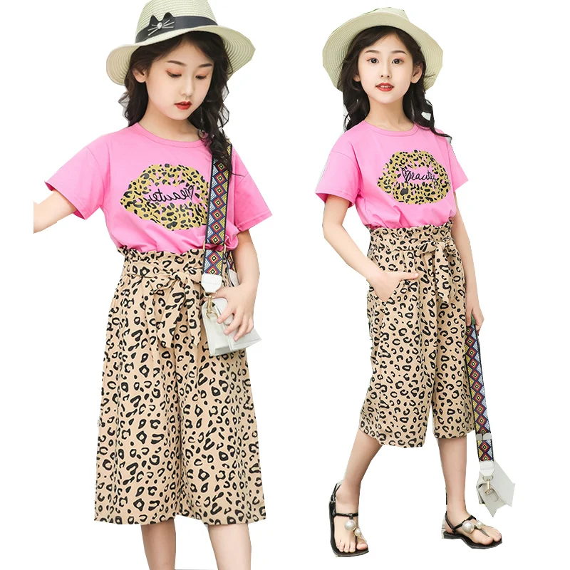 

Teenagers Kids Girls Children's Summer Sweet Bohemia Leopard t shirt +Wide Leg Pants 2pcs Tracksuit Clothing Sets For Girls New