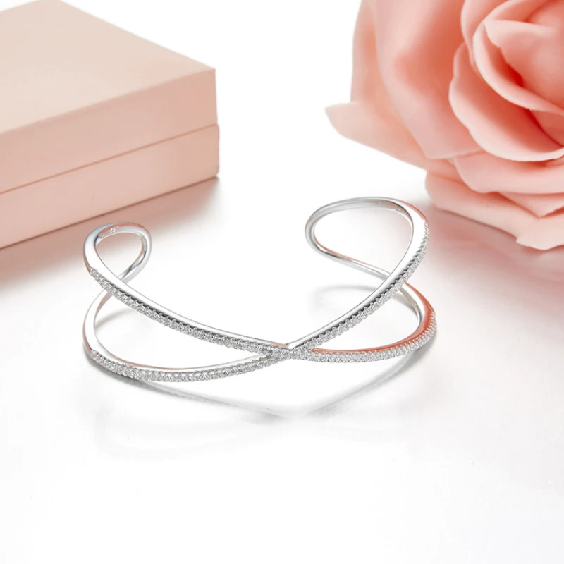 

925 Sterling Silver Inlaid Zircon Cross Line Simple Bracelet Jewelry Suitable Fits Monaco Jewelry with Women Party Gifts