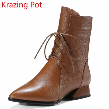 

2020 New Arrival Brand Winter Shoes Lace Up Runway Solid Sexy Pointed Toe Thick Heel Genuine Leather Handmade Mid-Calf Boots L51