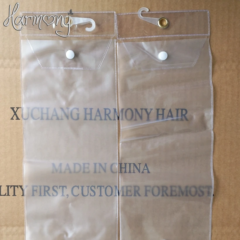 헤어 익스텐션 포장용 플라스틱 pvc 가방, 13cm 너비 100 개, 상단 행거 및 하단 버튼이 있는 투명 포장 백