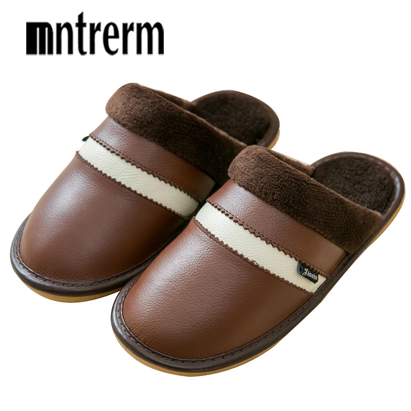 

Mntrerm 2018 New Plush Home Genuine Leather Slippers Non-Slip Thick Plus Size House Shoes Men Warm Winter Slippers Lovers Shoes