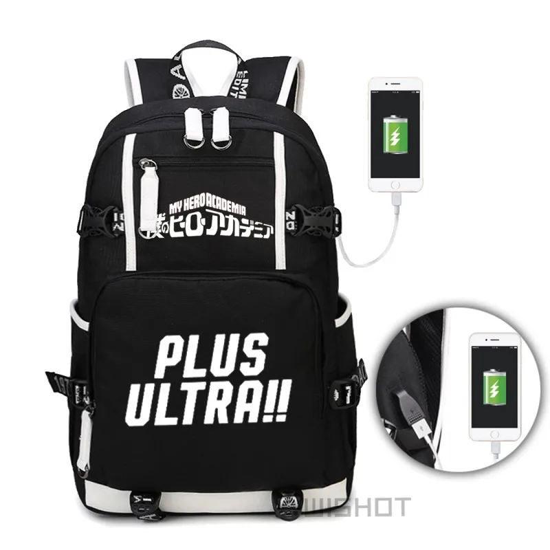 WISHOT Boku No My Hero Academy Светящийся рюкзак через плечо для путешествий, рюкзак для подростков с usb зарядным портом, сумки для ноутбуков - Цвет: Black1