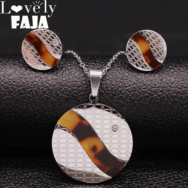 

2019 Round Tortoiseshell Stainless Steel Earring and Necklace Sets Jewelry Women Silver Color Set jewelry juego de joyas S178677