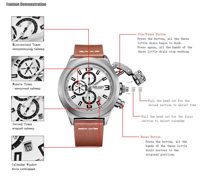 Megir мужские модные хронограф светящиеся стрелки Календарь Дата черные кожаные повседневные военные кварцевые наручные часы 2029