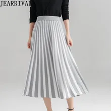 Высокое качество осень-зима длинная юбка Женская эластичный пояс в полоску Flared плиссированные юбки женский Повседневное трикотажные юбки Saia