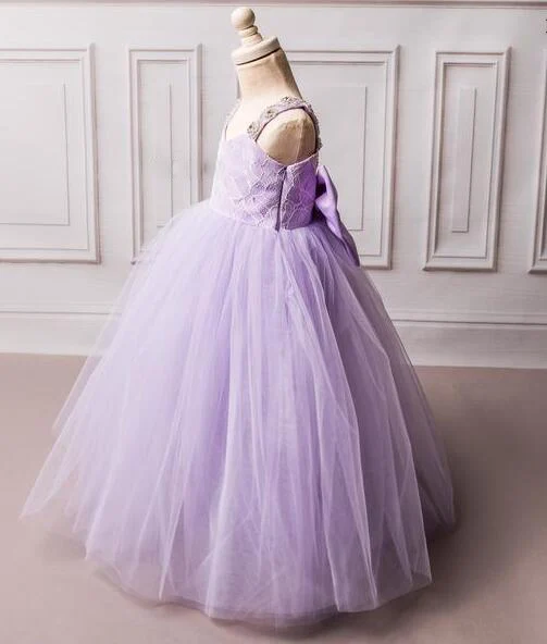 С открытой спиной Фиолетовый лиловый Тюль платья для девочек, держащих букет невесты на свадьбе длинные кружевные милые Кристаллы Стразы для маленьких детей вечерние платья с бантом