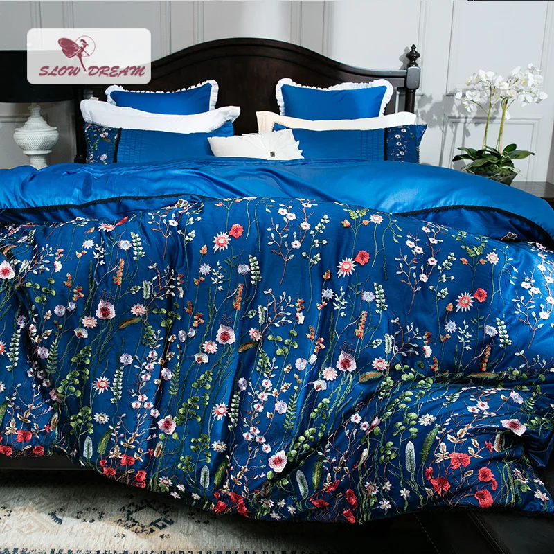 SlowDream European Luxury Embroidery Flower Bedding Set Blue Comfort