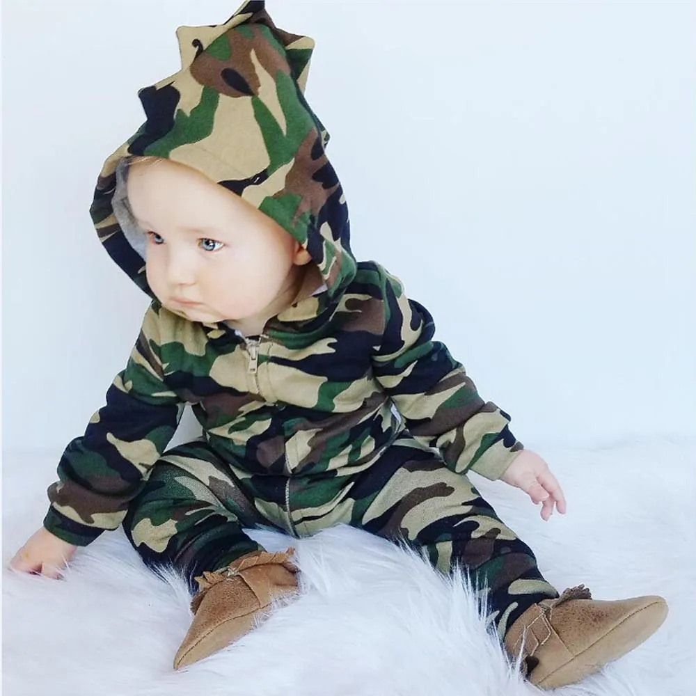 Infant Newborn Baby Boys Girls Camouflage Hooded Romper Jumpsuit