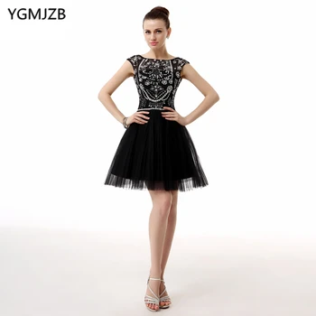 

Little Black Dress Cocktail Dresses 2018 A Line Cap Sleeves Glitter Beaded Crystal Tulle Party Dress Backless Homecoming Dress
