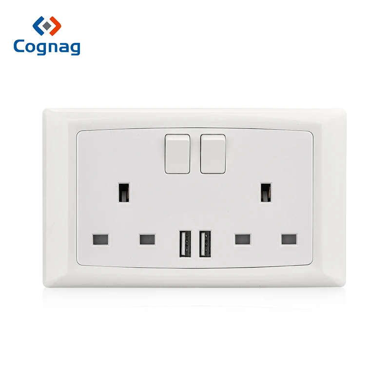 

Cognag White British 2 gang 13A double wall socket with dual USB charge port