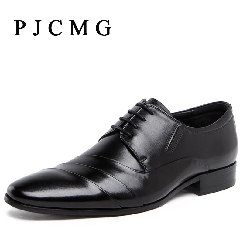 PJCMG New Spring/Autumn Genuine Soft leather Men Business Formal Pointed Toe Lace-Up Casual Flat Patent Leather Oxford Men Shoes