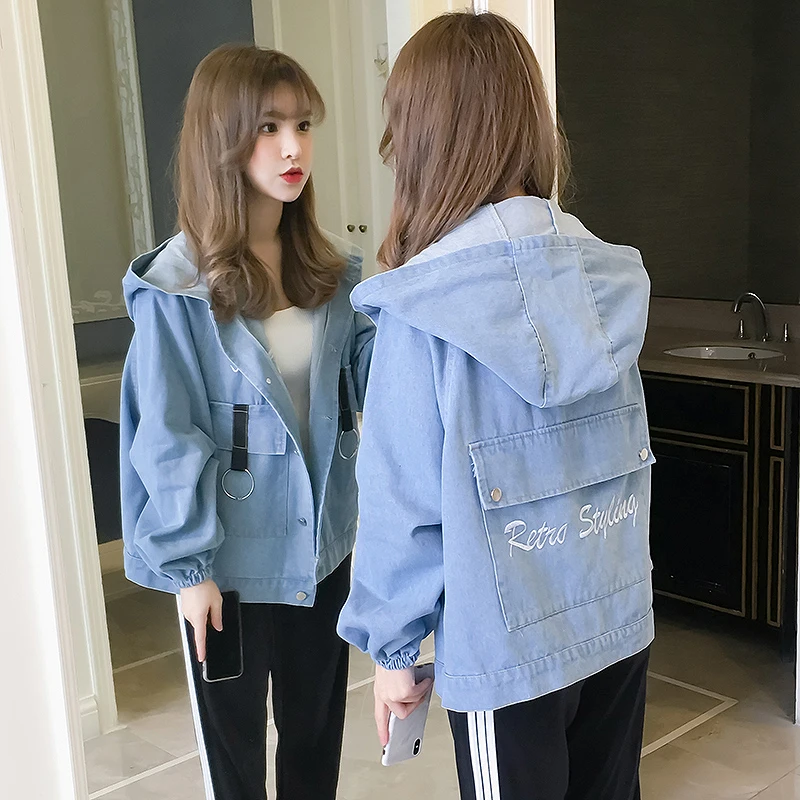 

2019 Autumn Women Denim Jacket long sleeve Big Pockets Embroidery Hooded jeans Jackets Chic Basic Coat chaqueta mujer casaco