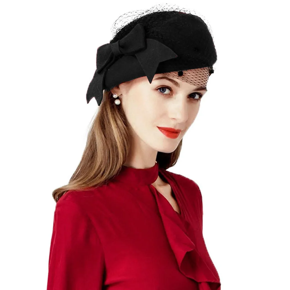 FS Чародейка винно-красный Pillbox шляпы с вуалью дамы шерстяные войлочные шляпы-федоры Винтаж Черный Бант Свадебная вечеринка церковная шляпа для женщин - Цвет: Black Wool Hat